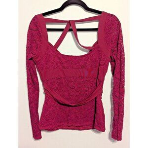 Vintage Bebe 90s Burgundy Red Lace Long Sleeve Sweetheart Top Clubwear Y2K Med